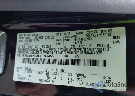 2013 Ford Escape Sel from USA, damaged, VIN 1FMCU9H95DUD47455